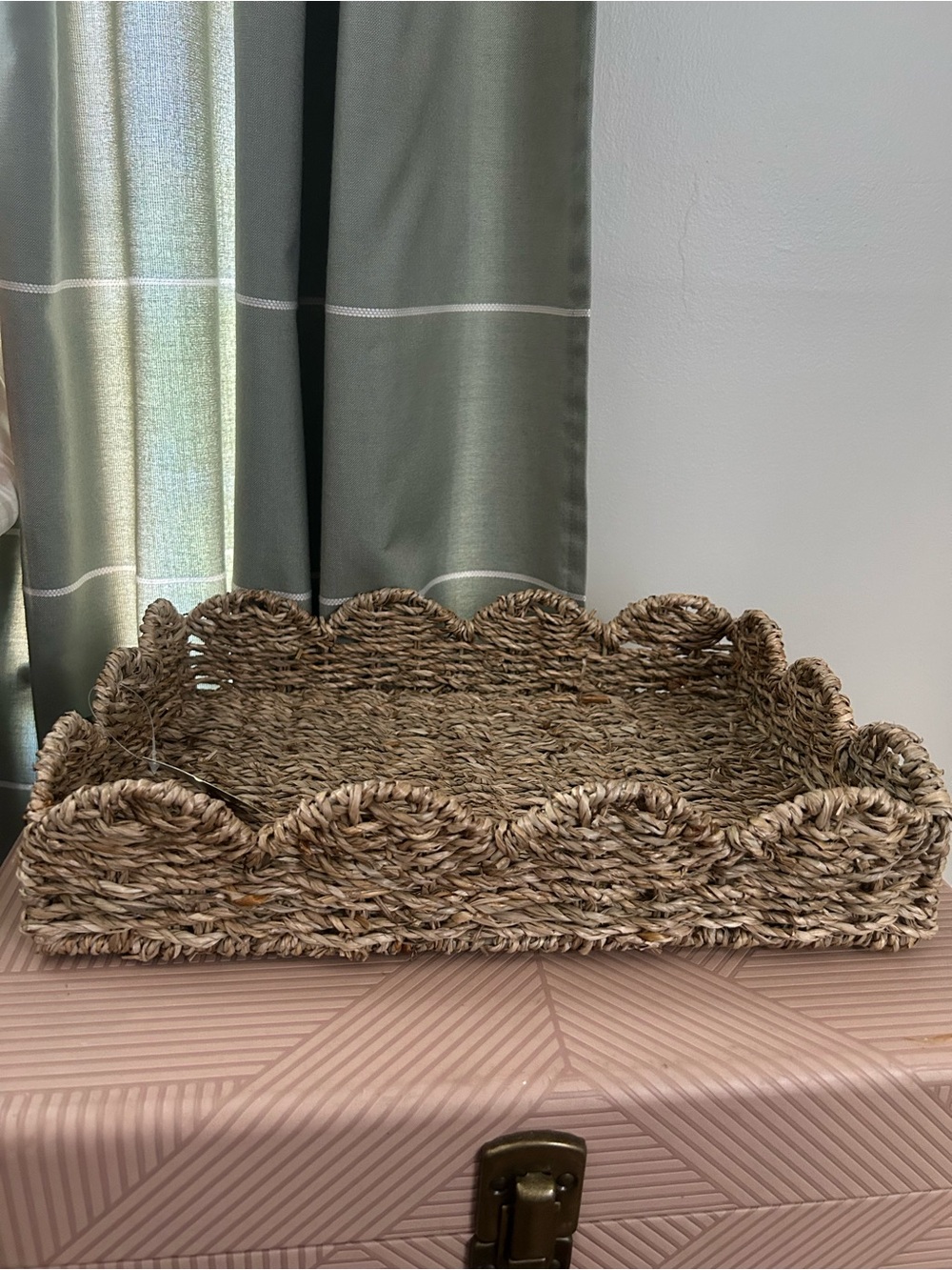 Festive Voice Woven Scalloped Edge Tray Natural Brown New